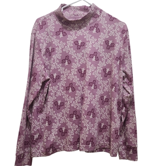 Lands End Womens L Petite Purple Floral Mock Turtleneck Long Sleeve Cotton Tee - Picture 1 of 7